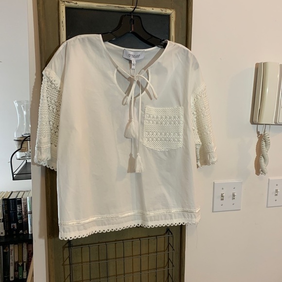 Derek Lam 10 Crosby White Poplin Crochet Sleeve Tassel Top Size 10 - Picture 5 of 7